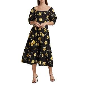 Teri Jon By Rickie Freeman Midi Dress‎ 16 Black Yellow Roses Tiered Summer